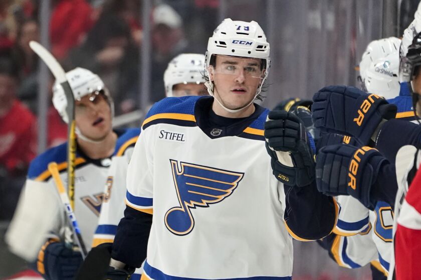 St. Louis Blues left wing Sammy Blais (79) celebrates his goal against the Detroit Red Wings in the second period of an NHL hockey game Thursday, March 23, 2023, in Detroit. (AP Photo/Paul Sancya)