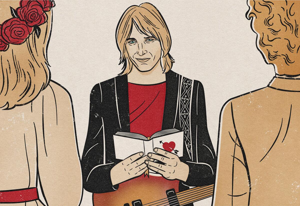 Illustration of rocker Tom Petty performing a marriage ceremony. 
