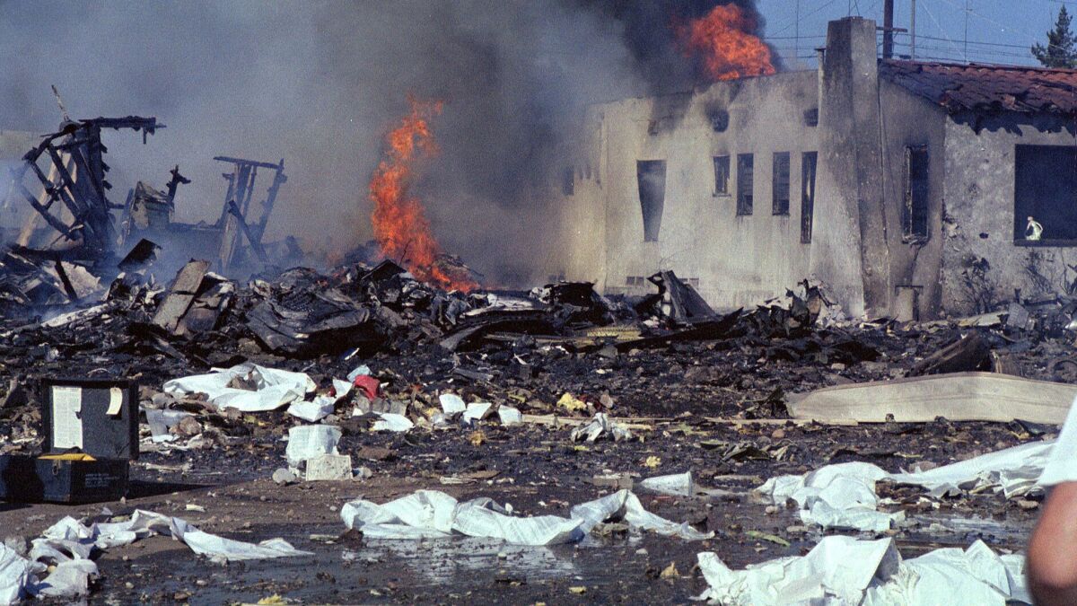 The still-burning devastation of the crash of PSA Flight 182 on Sept. 25, 1978 on Dwight Street in North Park.