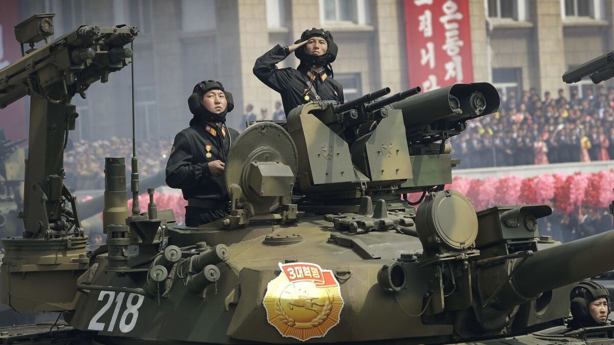 Soldiers in tanks parade on Kim Il Sung Square during a military parade in Pyongyang, North Korea, in 2017.
