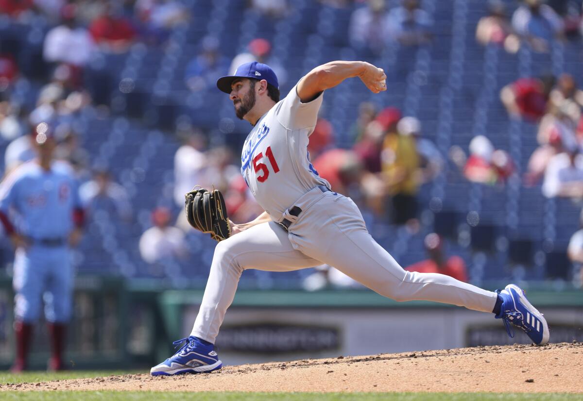 Alex Vesia pitches for the Dodgers during the fifth inning of a game against the Phillies on Aug. 12 in Philadelphia.