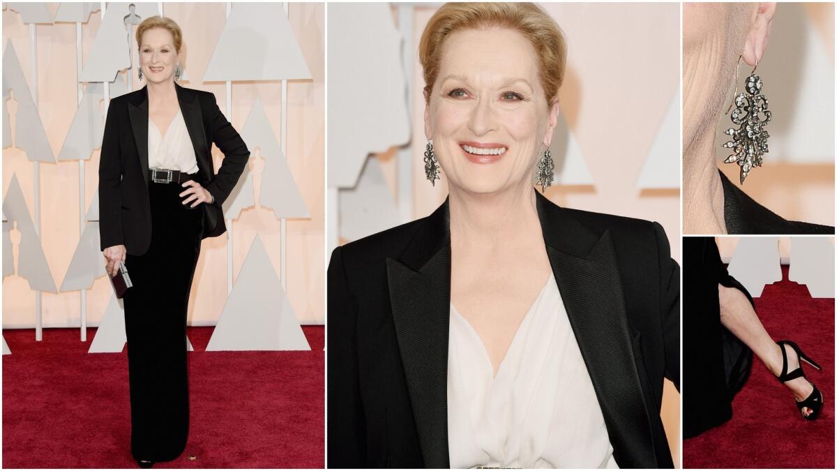 The Oscar favorite wore this Lanvin creation to the 2015 Academy Awards. The black satin jacket, white silk draped blouse and black velvet column skirt were custom made by Alber Elbaz.