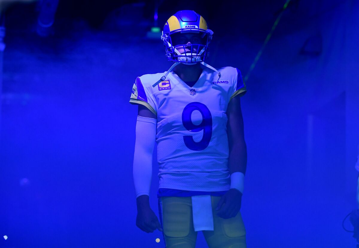 Rams quarterback Matthew Stafford waits to be introduced before Sunday's season opener.