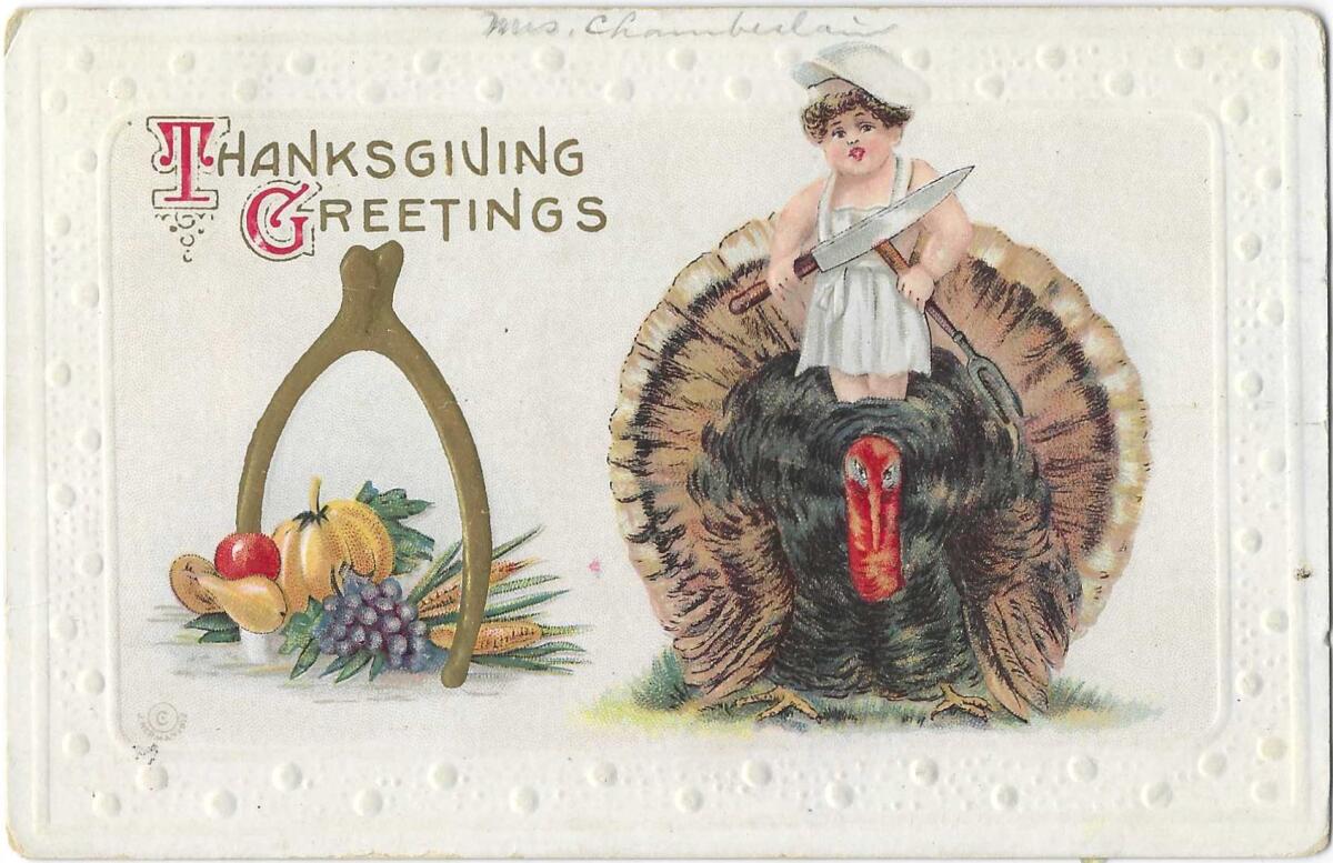 A chef with a huge knife stands atop a frowning turkey in this vintage postcard.