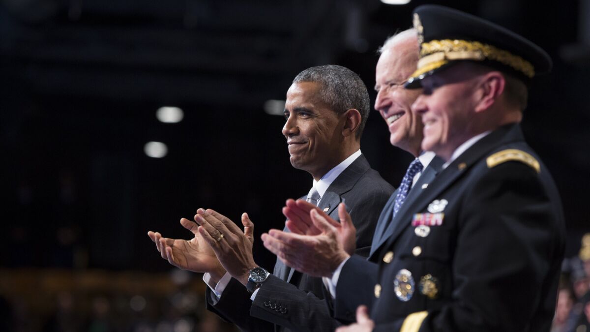 President Obama, Vice President Joe Biden and Chairman of the Joint Chiefs of Staff Gen. Martin Dempsey honoring departing Secretary of Defense Chuck Hagel in January.