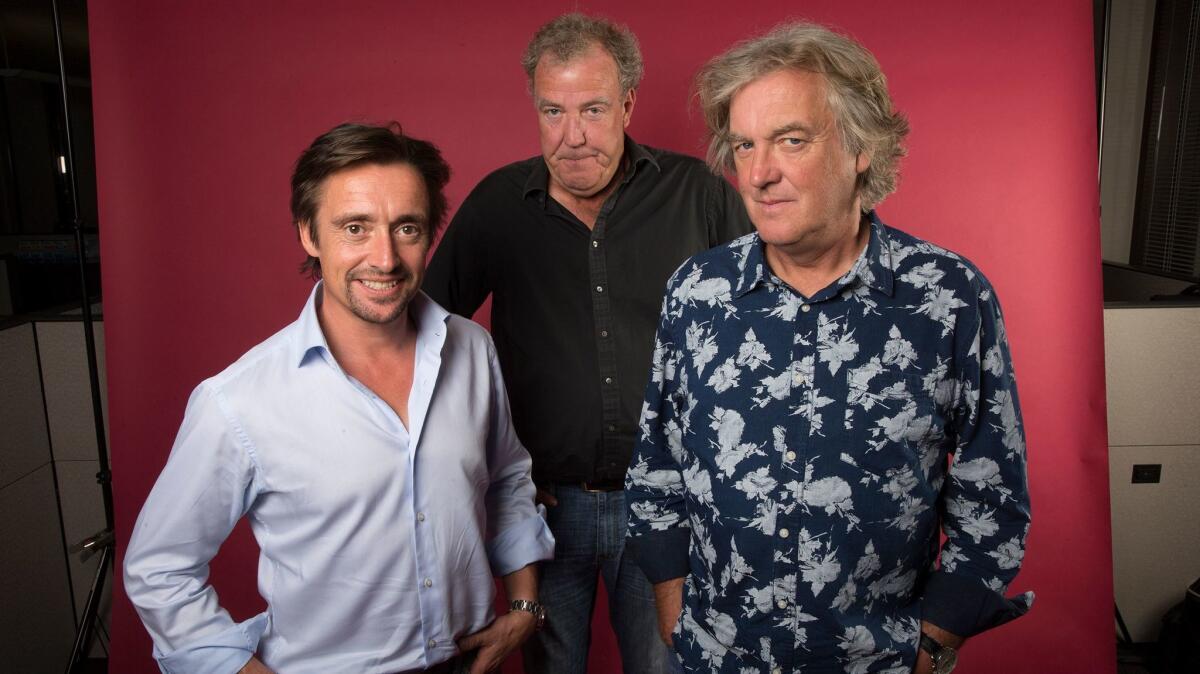 The busy hosts of Amazon Prime's "The Grand Tour" -- from left, Richard Hammond, Jeremy Clarkson and James May -- stood still just long enough for this 2016 image to be captured. Season 2 of the auto-centric show opens Dec. 8.