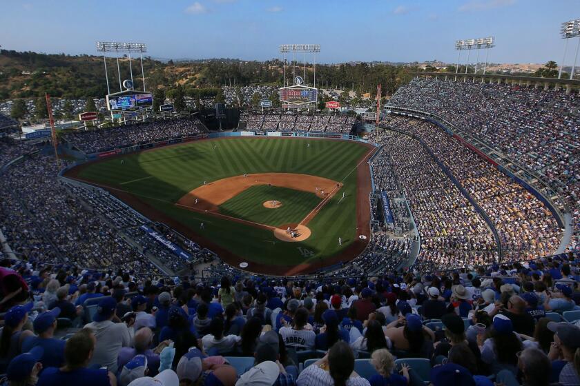 LOS ANGELES, CALIFORNIA - JUNE 16: A general view of sixth inning game action is seen from the upper deck of the MLB game between the Chicago Cubs and the Los Angeles Dodgers at Dodger Stadium on June 16, 2019 in Los Angeles, California. The Dodgers defeated the Cubs 3-2. (Photo by Victor Decolongon/Getty Images) ** OUTS - ELSENT, FPG, CM - OUTS * NM, PH, VA if sourced by CT, LA or MoD **