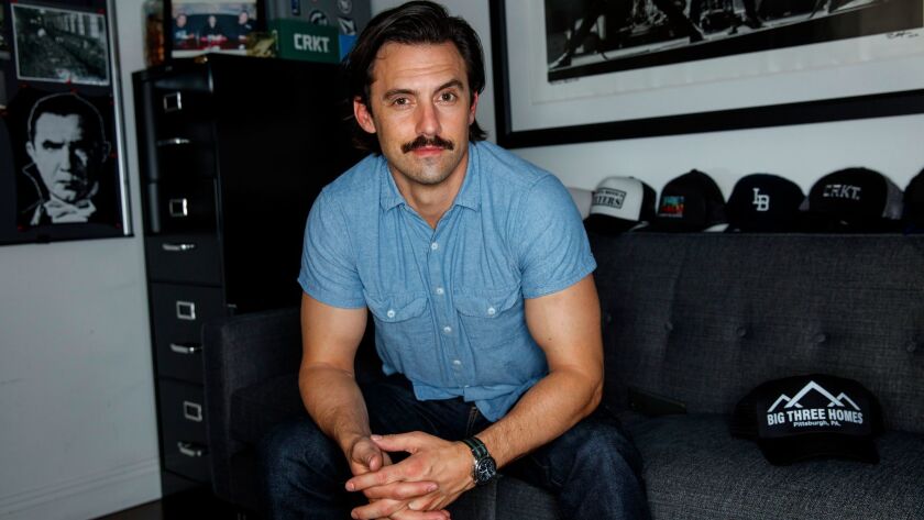 Actor Milo Ventimiglia, from the NBC hit, "This Is Us," is photographed at his Los Angeles home with some of his hat collection, including the show's Big Three Homes.