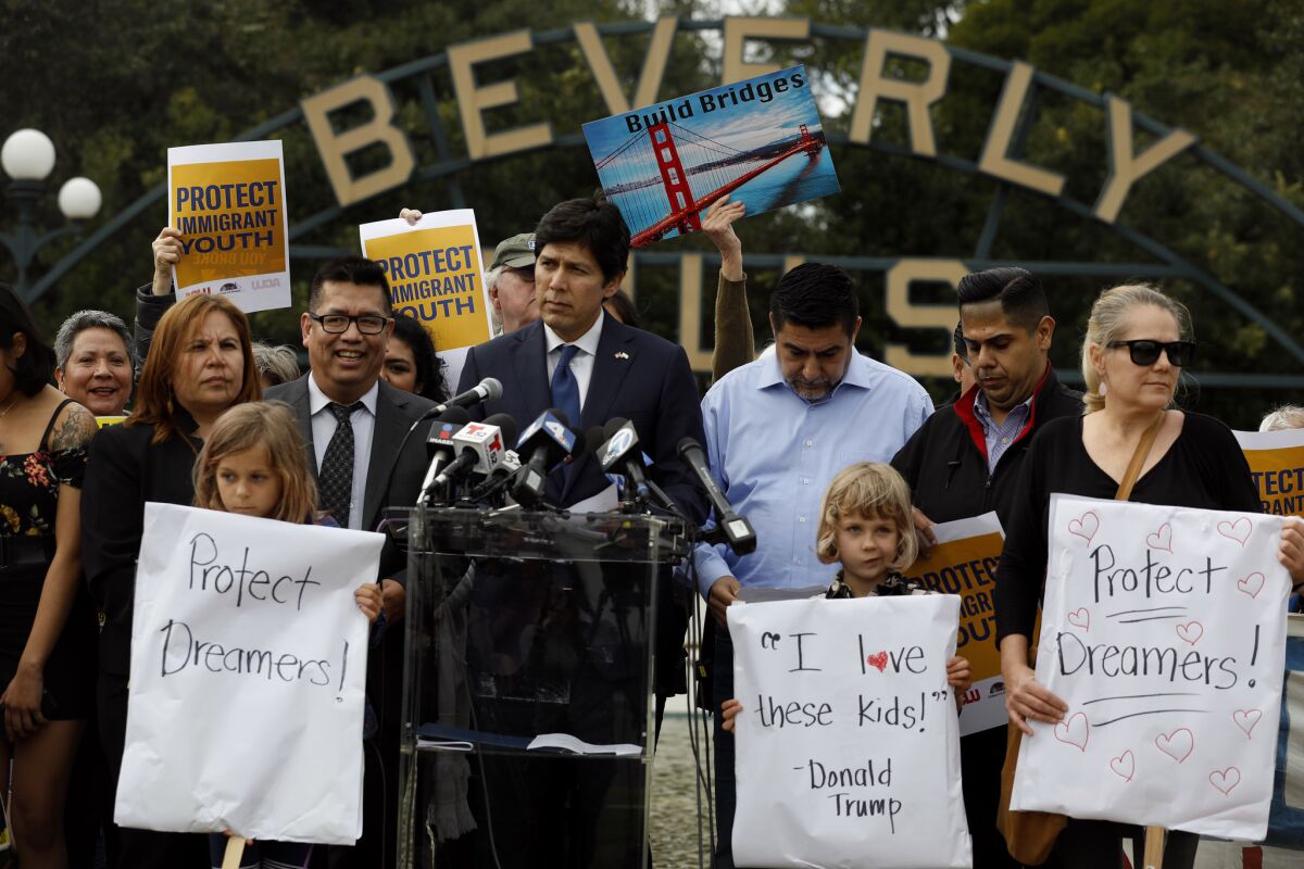 California Senate leader Kevin de Leon leads a rally in Beverly Hills on Monday.