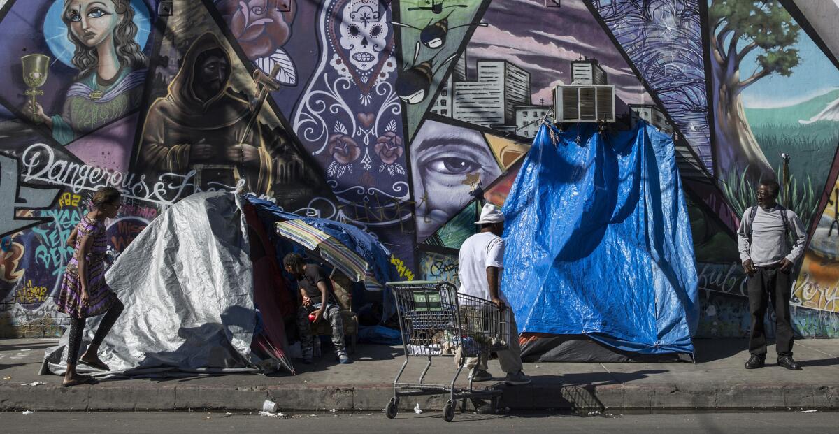 Homeless people and their tents on Stanford Avenue on skid row this week in downtown Los Angeles.