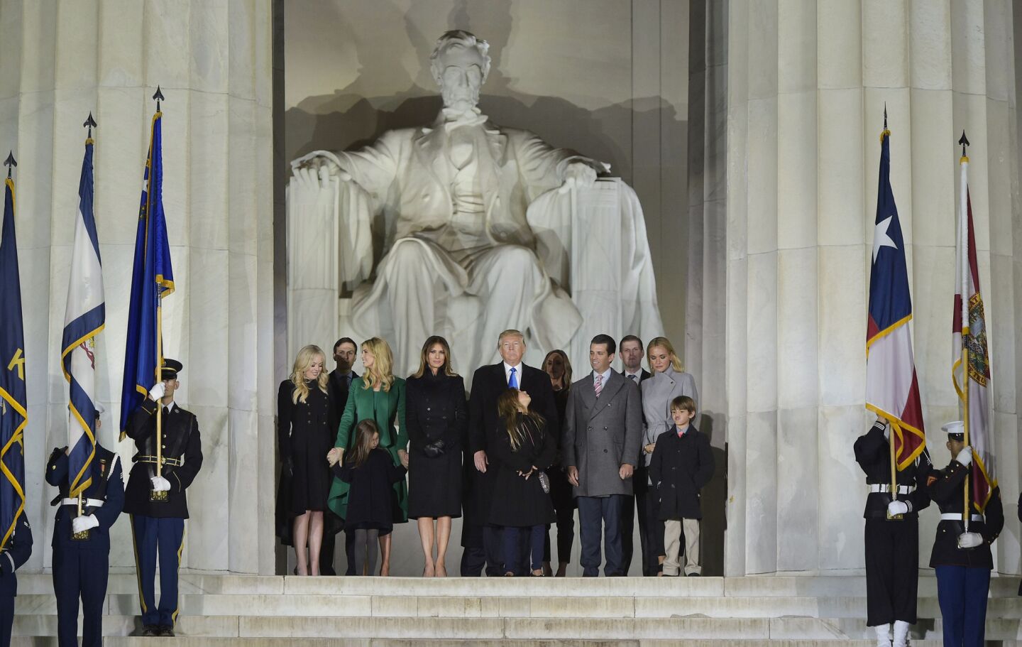 President-elect Donald Trump and family pose at the end of a celebration at the Lincoln Memorial in Washington, D.C., on Thursday.