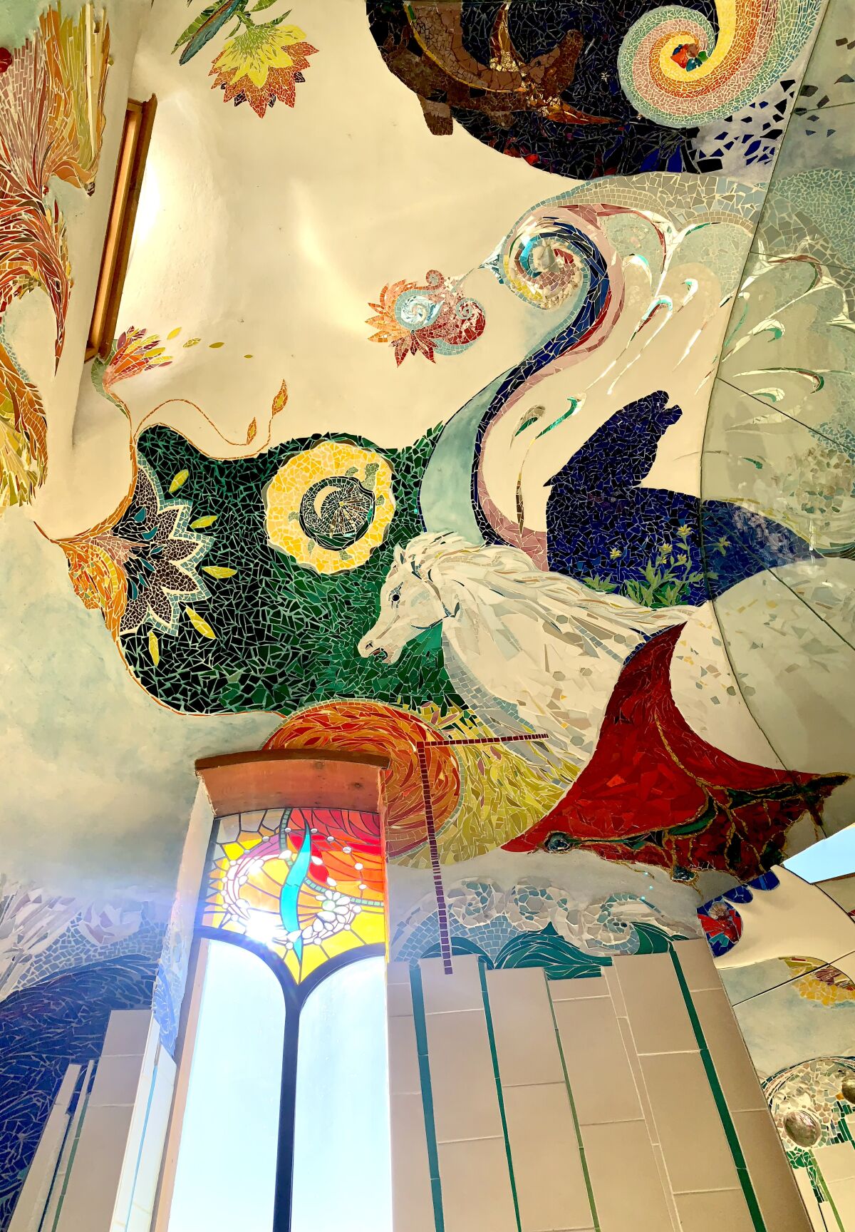 A ceiling mosaic designed by James Hubbell in the Ilan-Lael Foundation Center.