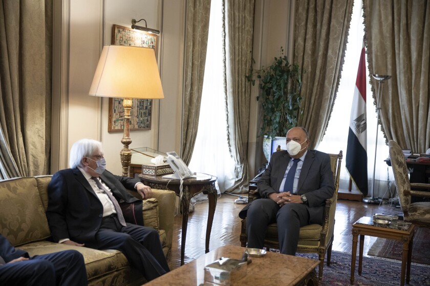 UN Special Envoy for Yemen Martin Griffiths, left, and Egyptian Foreign Minister Sameh Shoukry meet at the Ministry of Foreign Affairs, in Cairo, Egypt, Sunday, April 25, 2021. (AP Photo/Nariman El-Mofty)