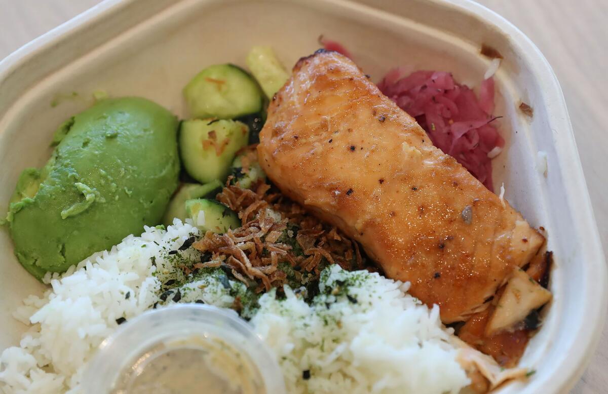 The miso glazed salmon plate at the new Sweetgreen location in Huntington Beach.