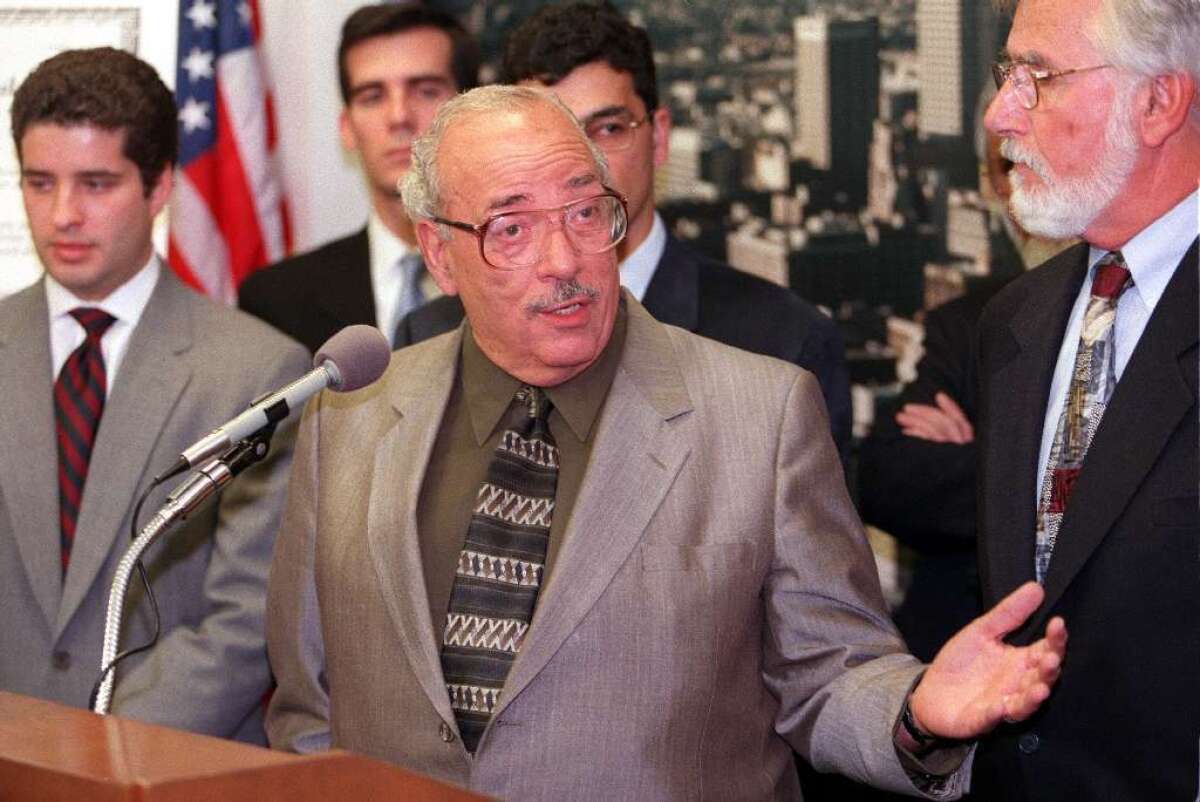 Maher Hathout, seen here at a 1999 press conference with Jewish leaders to announce the establishment of a "Code of Ethics in Jewish-Muslim Diaolgue," was a strong advocate for interfaith relations in Southern California.