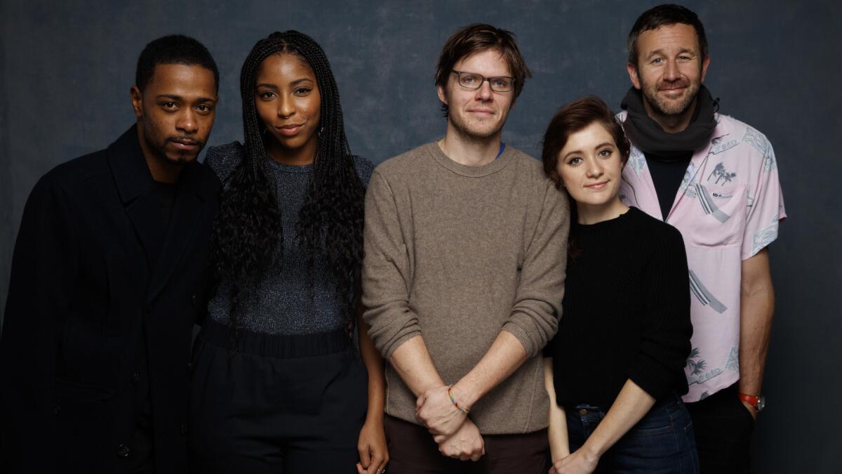 Lakeith Stanfield, left, Jessica Williams, director Jim Strouse, Noel Wells and Chris O'Dowd of"The Incredible Jessica James" at the Sundance Film Festival.
