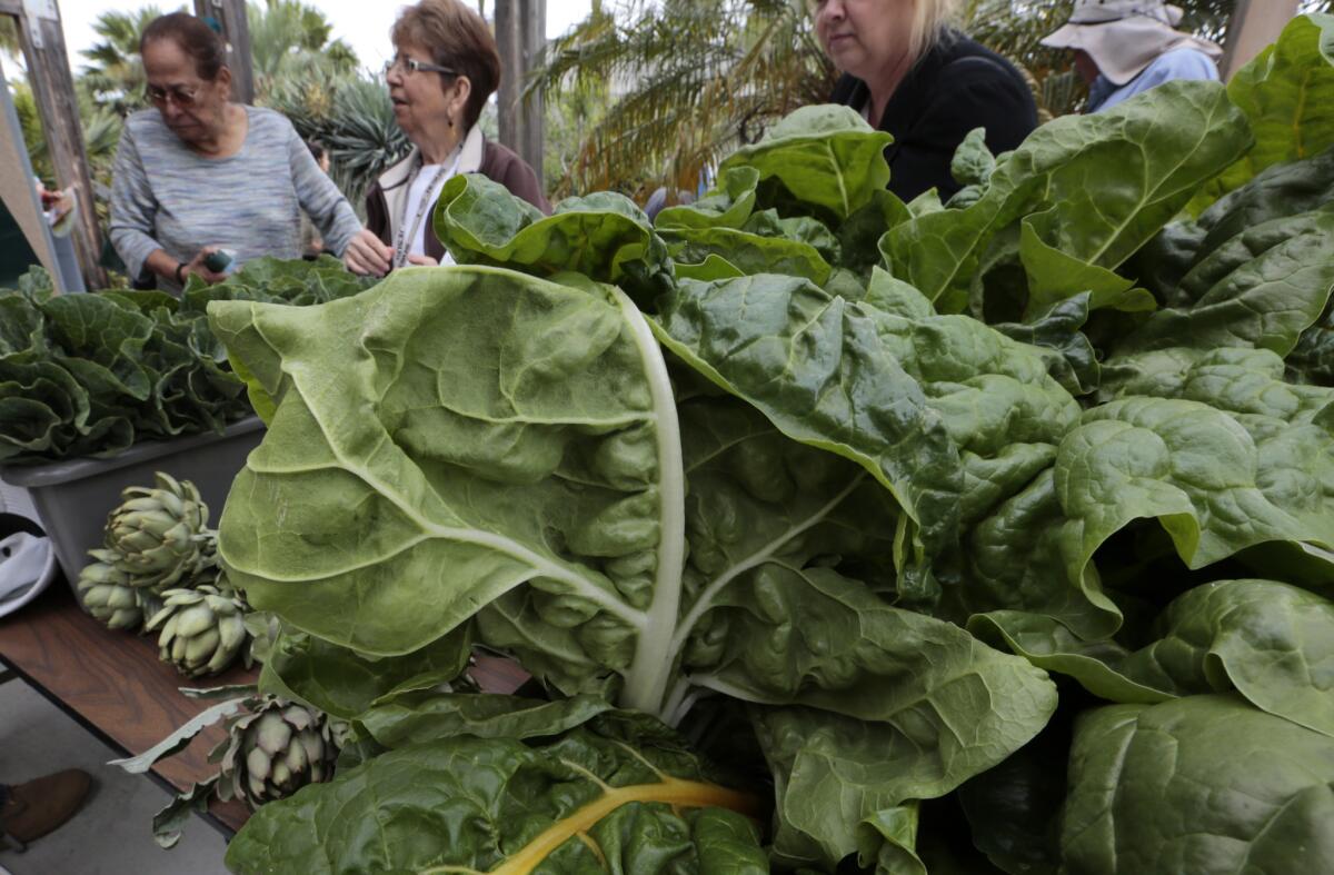 Community garden members sell their vegetable during Earth Day celebrations at the Growing Experience Urban Farm in Long Beach in April. L.A. County supervisors want to encourage more community gardening by establishing tax breaks for property owners who use vacant lots to grow crops.