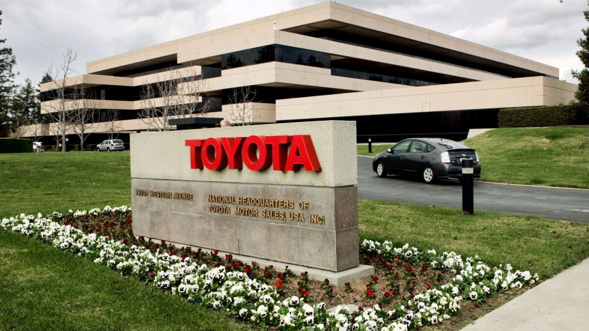 A Prius enters Toyota's U.S. headquarters in Torrance, Calif. in this January 2008 file photo.