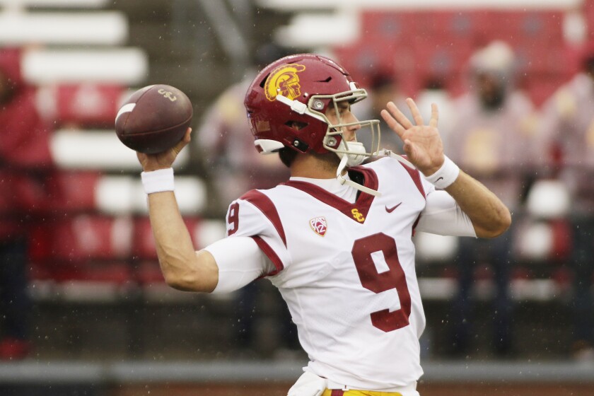 USC quarterback Kedon Slovis throws a pass during warm ups.