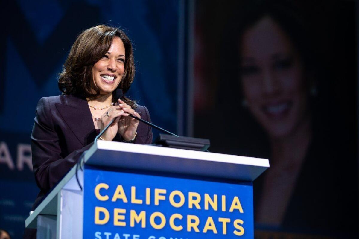 Presidential candidate Sen. Kamala Harris speaks on day 2 of the 2019 California State Democratic Party Convention in San Francisco, Calif. on June 1.