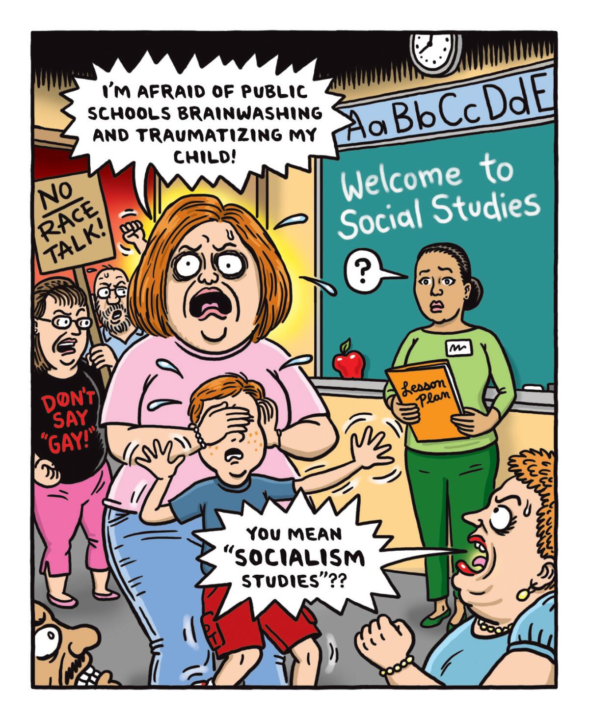 Illustration of a parent covering a child's eyes, a teacher wondering why, and protesters holding signs