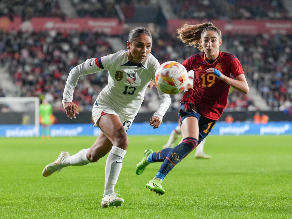 Alyssa Thompson #13 of the United States chases down a loose ball during a game between Spain and USWNT