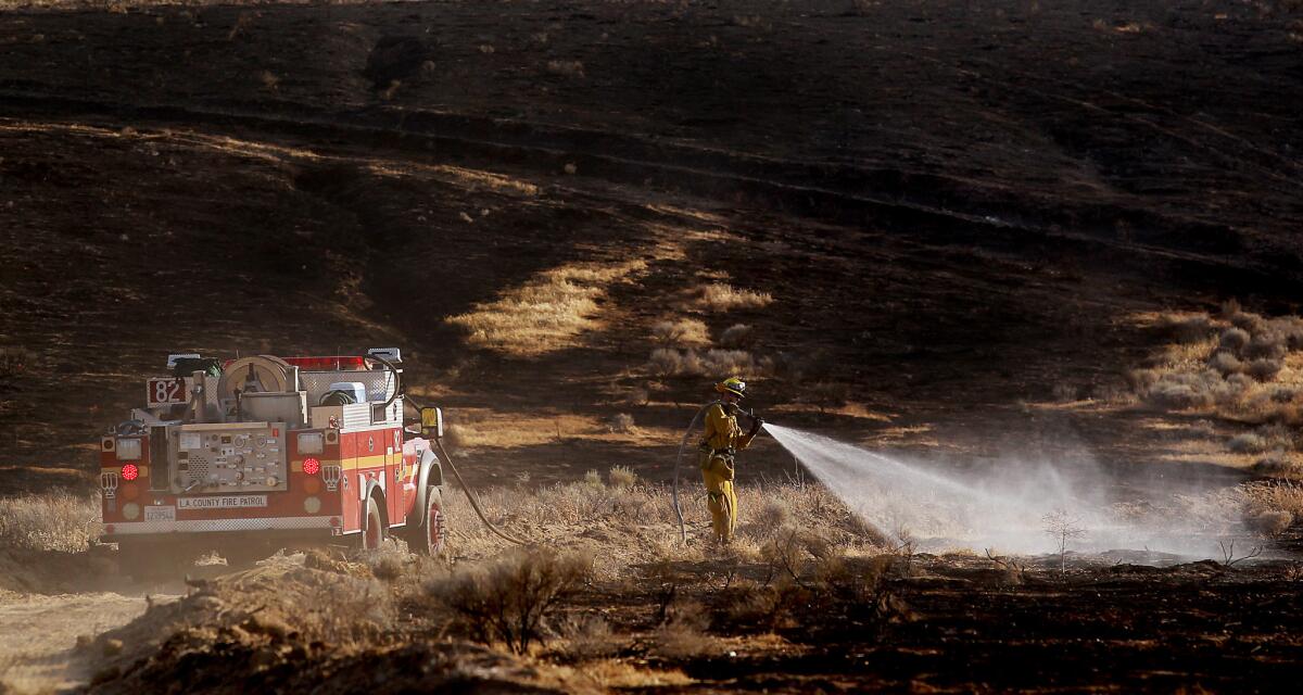 A firefighter puts out hot spots after a widlfire burned about 300 acres of grassland near the California Poppy Reserve in Lancaster on Friday, June 5, 2015. No structures wre damaged in the fire.