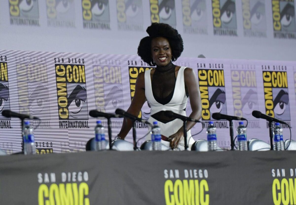 Actress Danai Gurira arrives for the The Walking Dead panel at the convention center during Comic Con in San Diego, California on July 19, 2019.