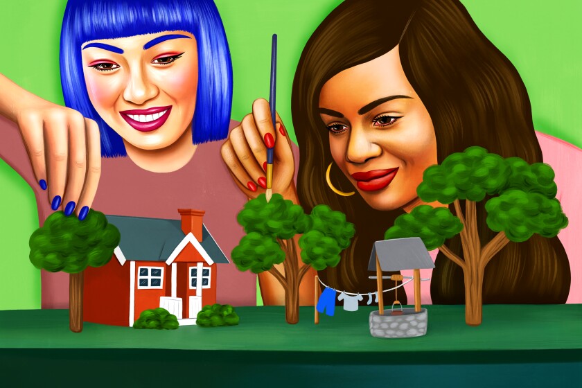 Illustration shows people working on a model of a home, with trees, a clothesline and a well.