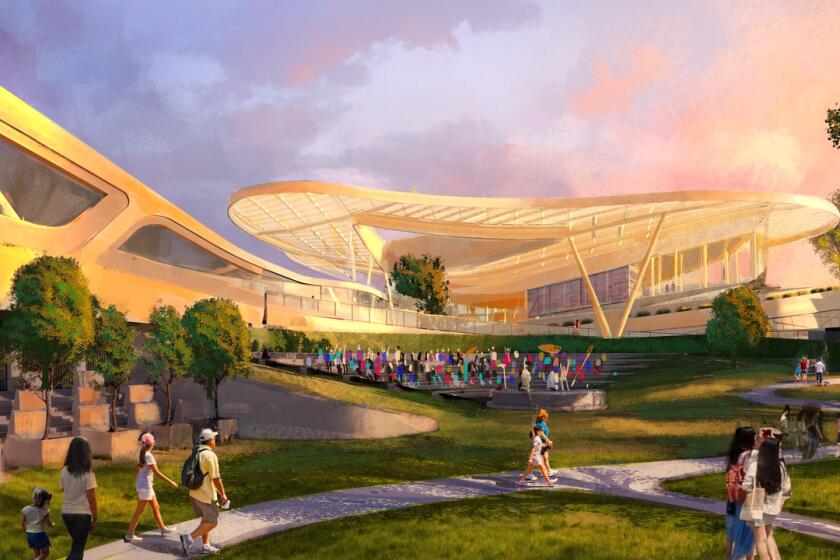 A rendering shows parkland with a small outdoor amphitheater and an amoeba-shaped pavilion over a building