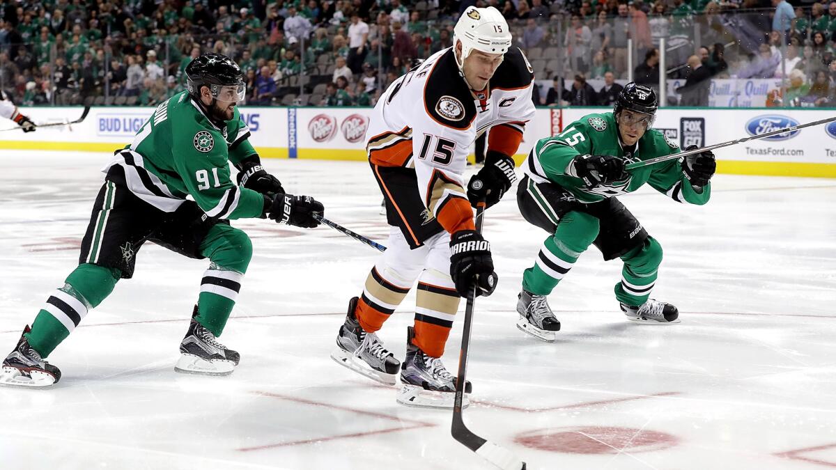 Ducks center Ryan Getzlaf brings the puck up ice against the Stars during their game in Dallas on Sept. 13.