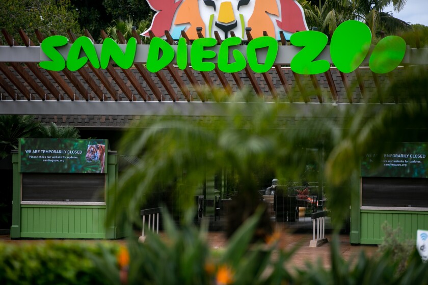 The parking lot and entrance to the San Diego Zoo are empty as the it's shuttered during the novel coronavirus outbreak on April 17, 2020 in San Diego, California.