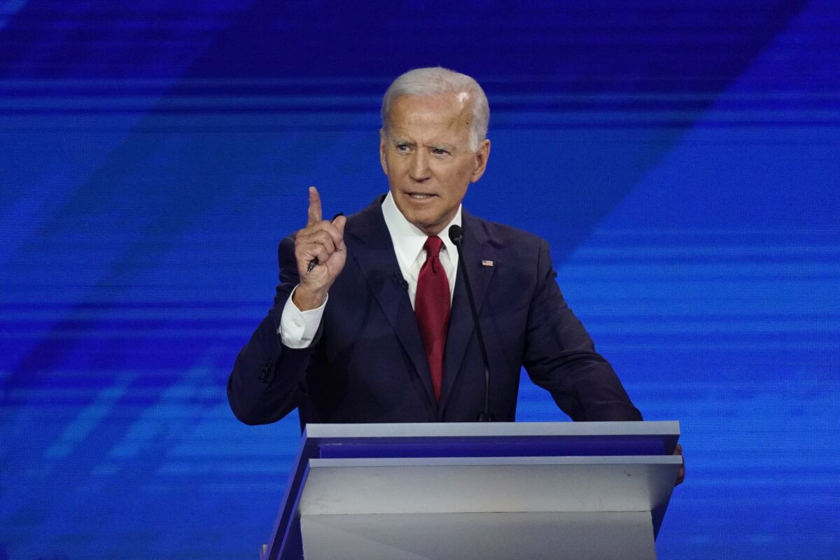 Former Vice President Joe Biden responds to a question Thursday, Sept. 12, 2019, during a Democratic presidential primary debate hosted by ABC at Texas Southern University in Houston.