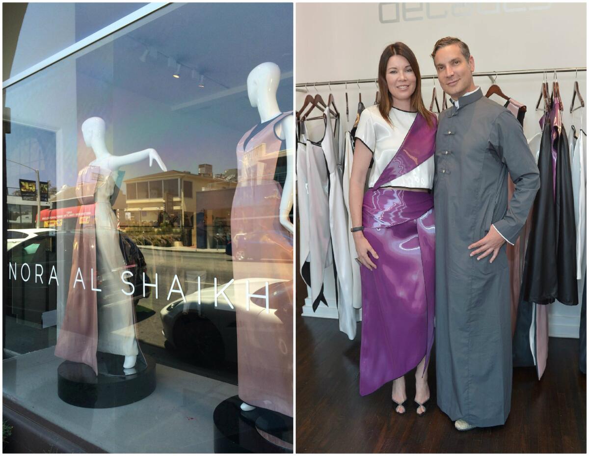 A Decades store window display at left is all about Nora Al Shaikh. The boutique's Cameron Silver, shown with stylist Tanya Gill, co-hosted a tea party for the Saudi designer.