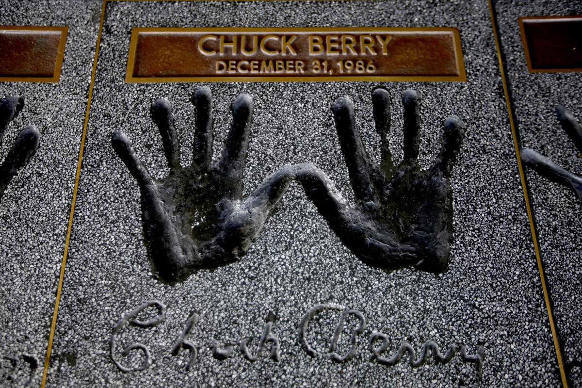 Berry's handprints are part of the Rock Walk at the entrance to Guitar Center in Hollywood.