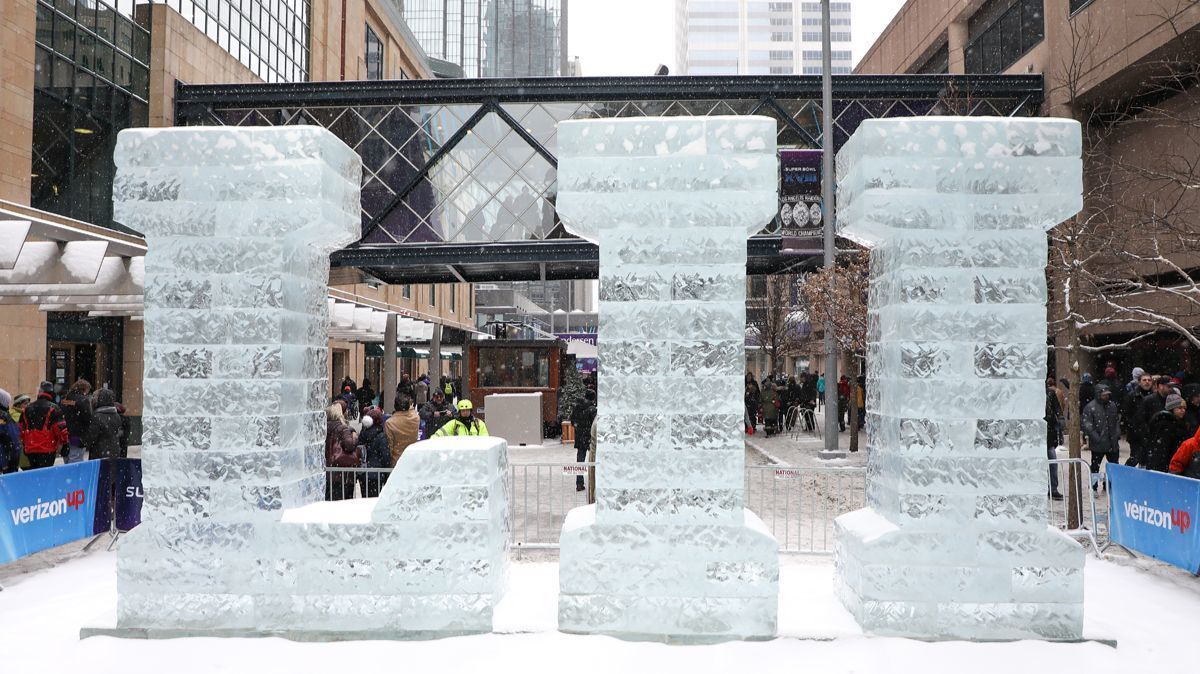 A ice sculpture sits in the Nicollet Mall at the Super Bowl Live event on Saturday in Minneapolis.