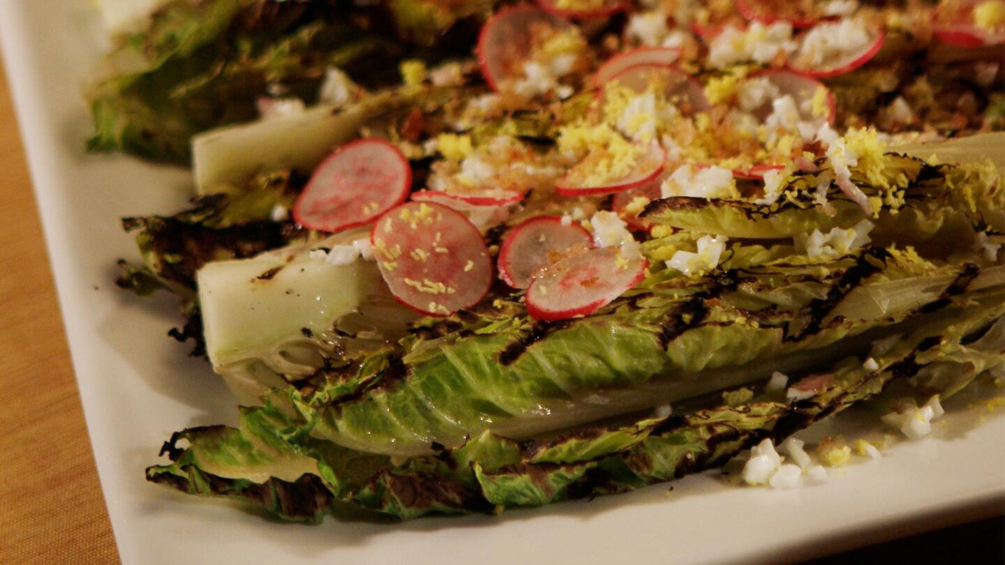 Grilled romaine with radishes, eggs and bread crumbs