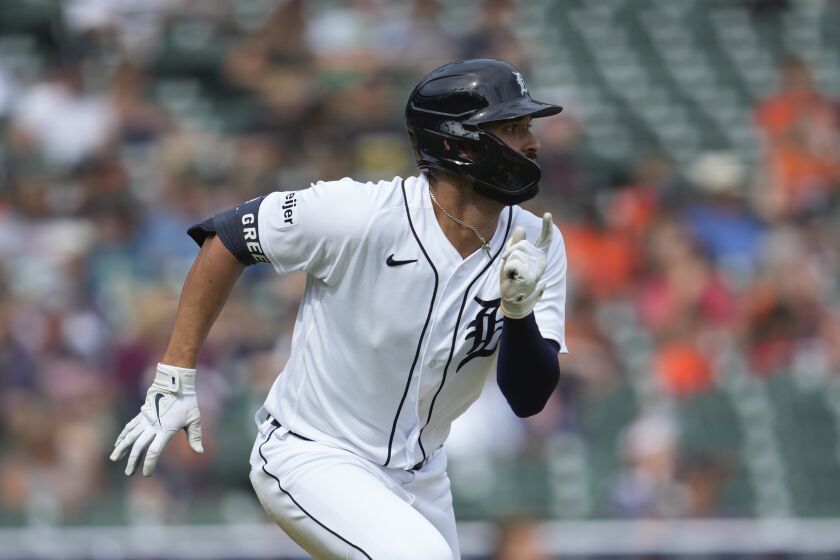 Detroit Tigers' Riley Greene runs out a triple against the Chicago White Sox in the ninth inning of a baseball game, Sunday, May 28, 2023, in Detroit. (AP Photo/Paul Sancya)