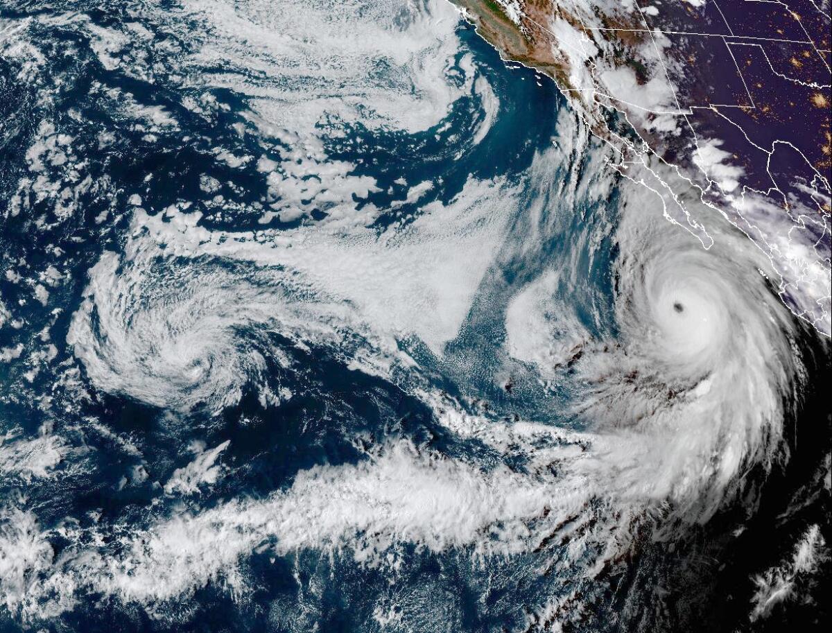 A satellite image shows Hurricane Hilary traveling near Baja California, Mexico, on Friday.