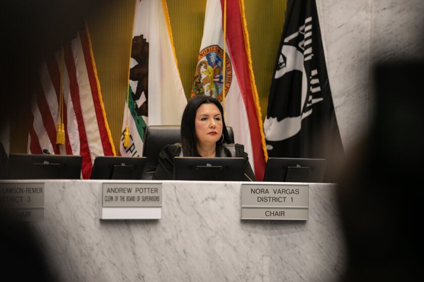 San Diego, CA - April 11: Supervisor Chair Nora Vargas listens to public speakers during a special San Diego County Board of Supervisors meeting to vote on a resolution of no confidence on Supervisor Nathan Fletcher and request for his immediate resignation at the County Administration Center on Tuesday, April 11, 2023 in San Diego, CA. (Adriana Heldiz / The San Diego Union-Tribune)