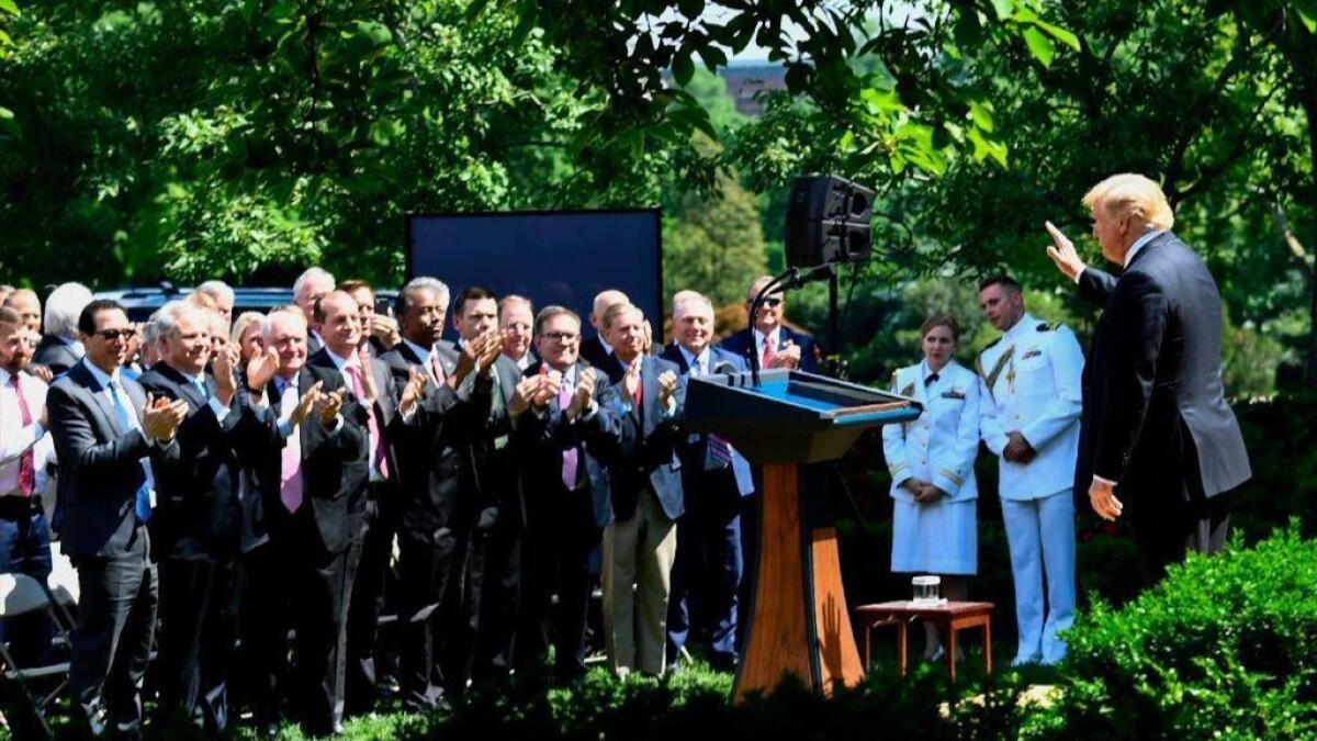 Cabinet members and senators look on as President Trump announces a new immigration proposal in the Rose Garden of the White House.