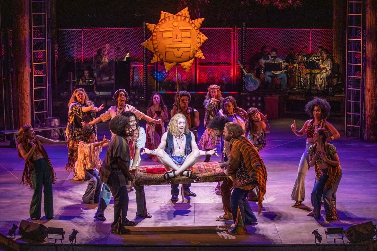 Andrew Polec (center)  the Old Globe production of "Hair: The American Tribal Love-Rock Musical."