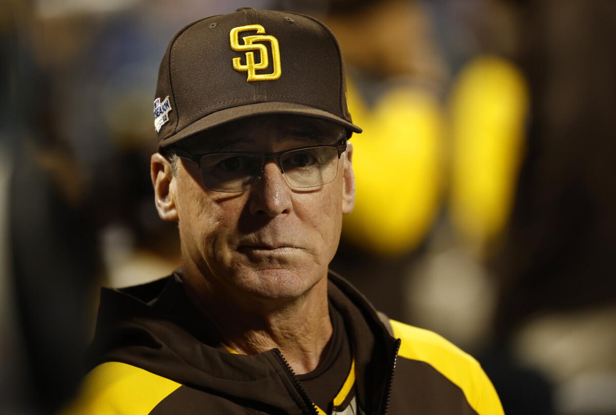Padres manager Bob Melvin looks against the New York Mets in Game 3 of the 2021 NL wild-card series,