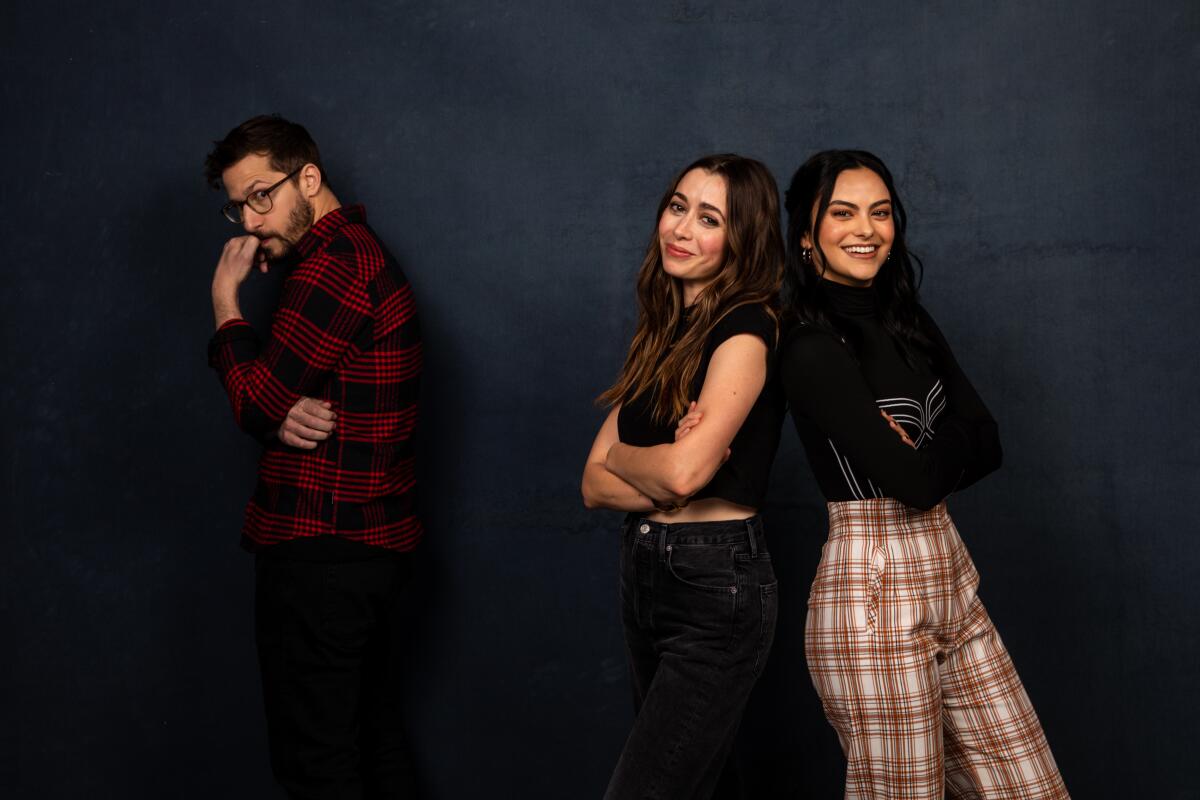 Actors Andy Samberg, Cristin Milioti and Camila Mendes of “Palm Springs,” photographed in the L.A. Times Studio at the Sundance Film Festival.