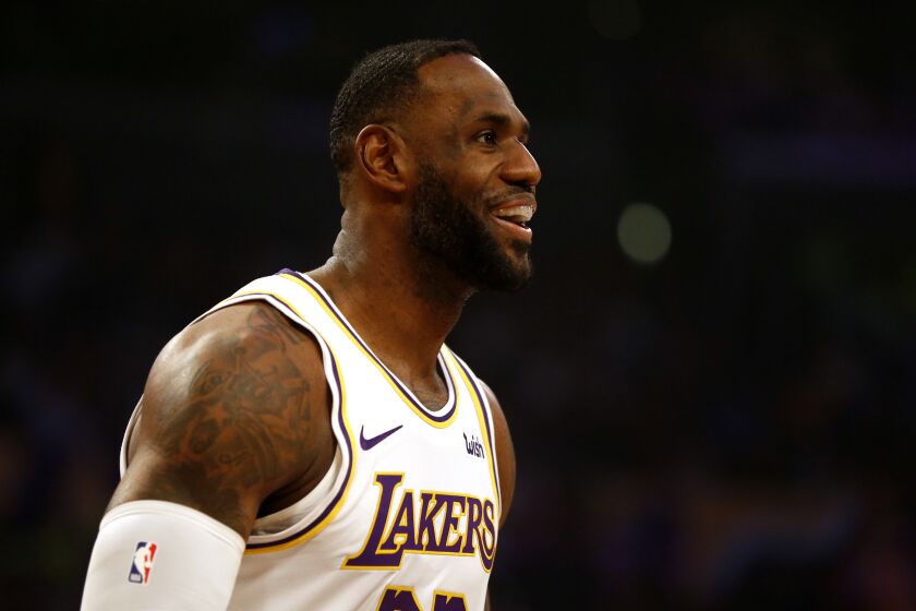LOS ANGELES, CALIFORNIA - NOVEMBER 17: LeBron James #23 of the Los Angeles Lakers looks on during a game against the Atlanta Hawks at Staples Center on November 17, 2019 in Los Angeles, California. NOTE TO USER: User expressly acknowledges and agrees that, by downloading and or using this photograph, User is consenting to the terms and conditions of the Getty Images License Agreement. (Photo by Katharine Lotze/Getty Images)