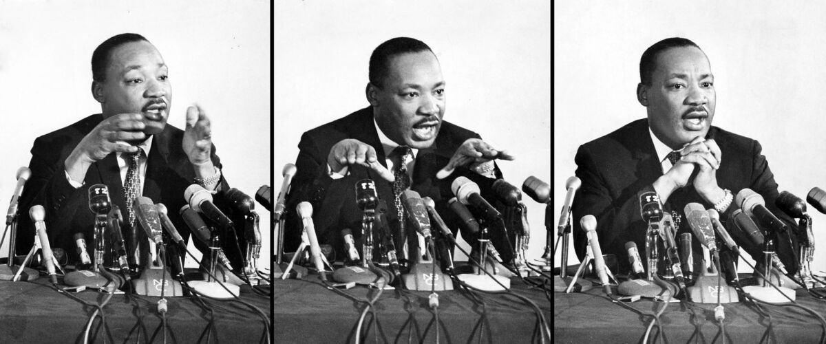 April 12, 1967: Martin Luther King Jr. during a news conference at the Biltmore Hotel in Los Angeles.