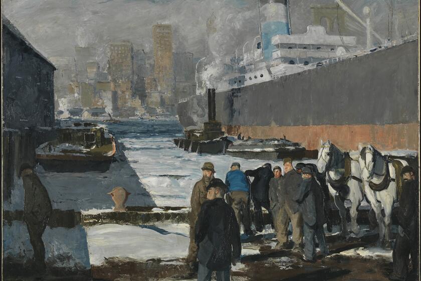 George Bellows' 1912 painting "Men of the Docks" is seen at the National Gallery in London.