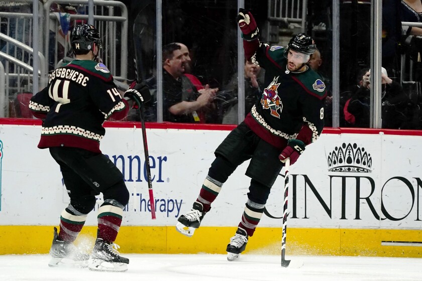 Arizona Coyotes center Nick Schmaltz (8) celebrates his goal against the Ottawa Senators with Coyotes defenseman Shayne Gostisbehere (14) during the second period of an NHL hockey game Saturday, March 5, 2022, in Glendale, Ariz. (AP Photo/Ross D. Franklin)