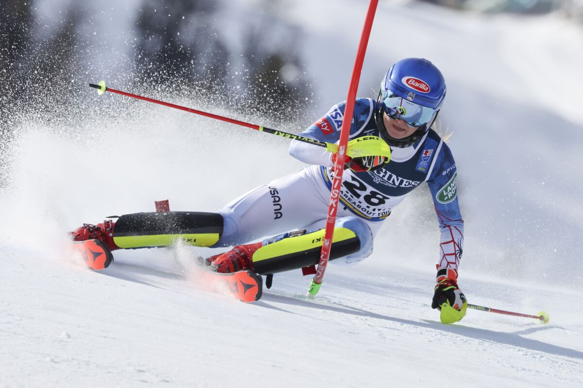 U.S. skier Mikaela Shiffrin leans into a gate during a slalom run