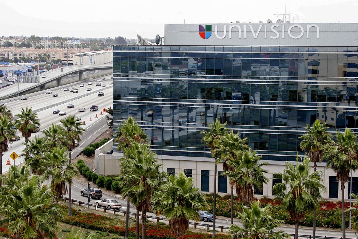 A sidelong view of Univision's glassy building along the 405 Freeway in Westchester.